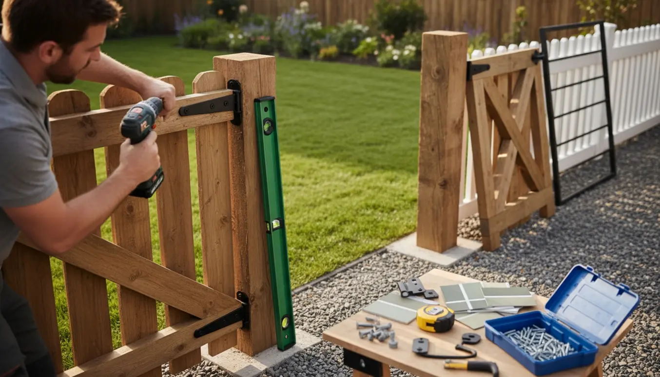 Ny havelåge monteres mellem to stolper i en have med værktøj klar.