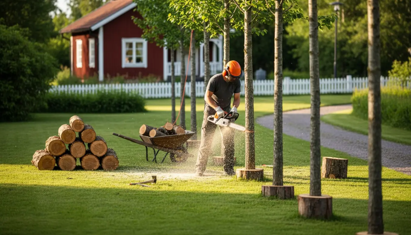 Arbejder fælder små træer på en sommerhusgrund med motorsav, savsmuld og stabler af kløvede stammer.
