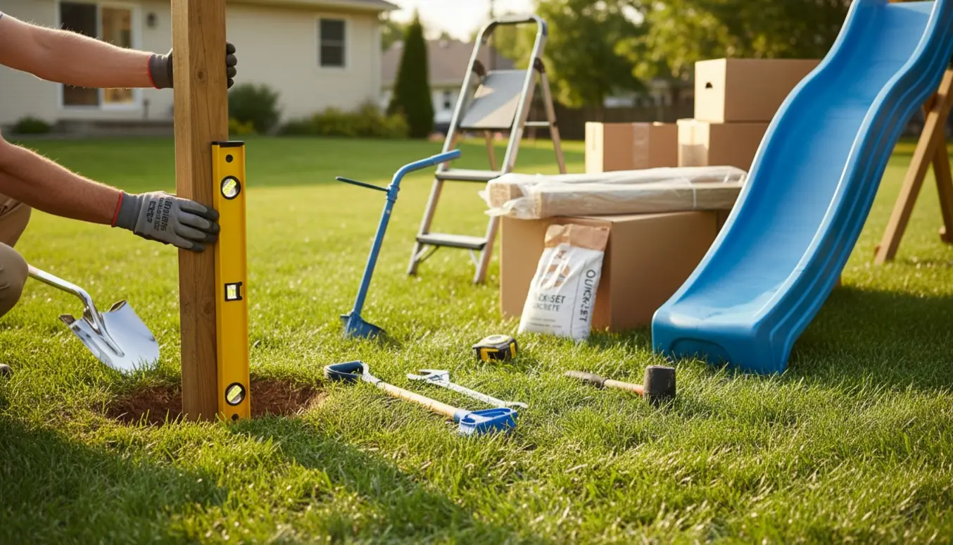 Hænder monterer træstolpe til gyngestativ i græsplænen med værktøj og en blå rutsjebane pakket ved siden af.