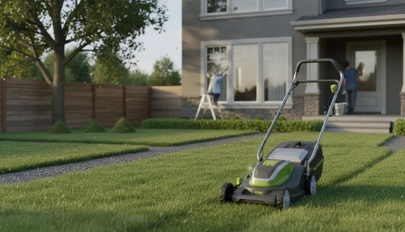 Plæne delt i tre sektioner med en plæneklipper i arbejde og vinduespudsning på et to‑etagers hus.