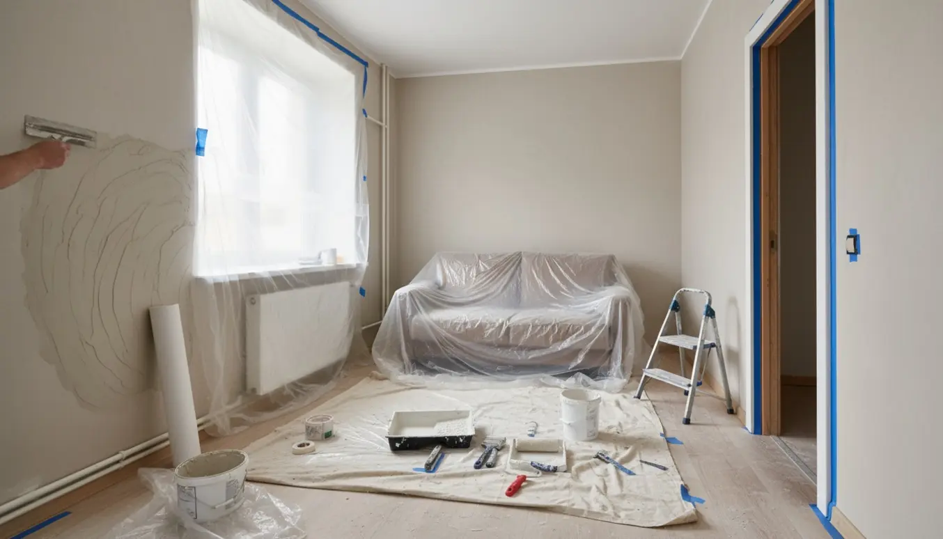 Lille stue under renovering med vægge i fuldspartling, filt og hvid maling, møbler og radiator dækket til.