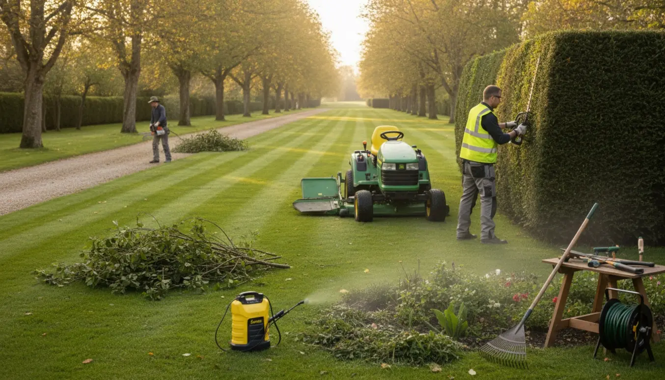 Grøn havetraktor slår græs, hækkeklipning og beskæring ved en lang indkørsel.