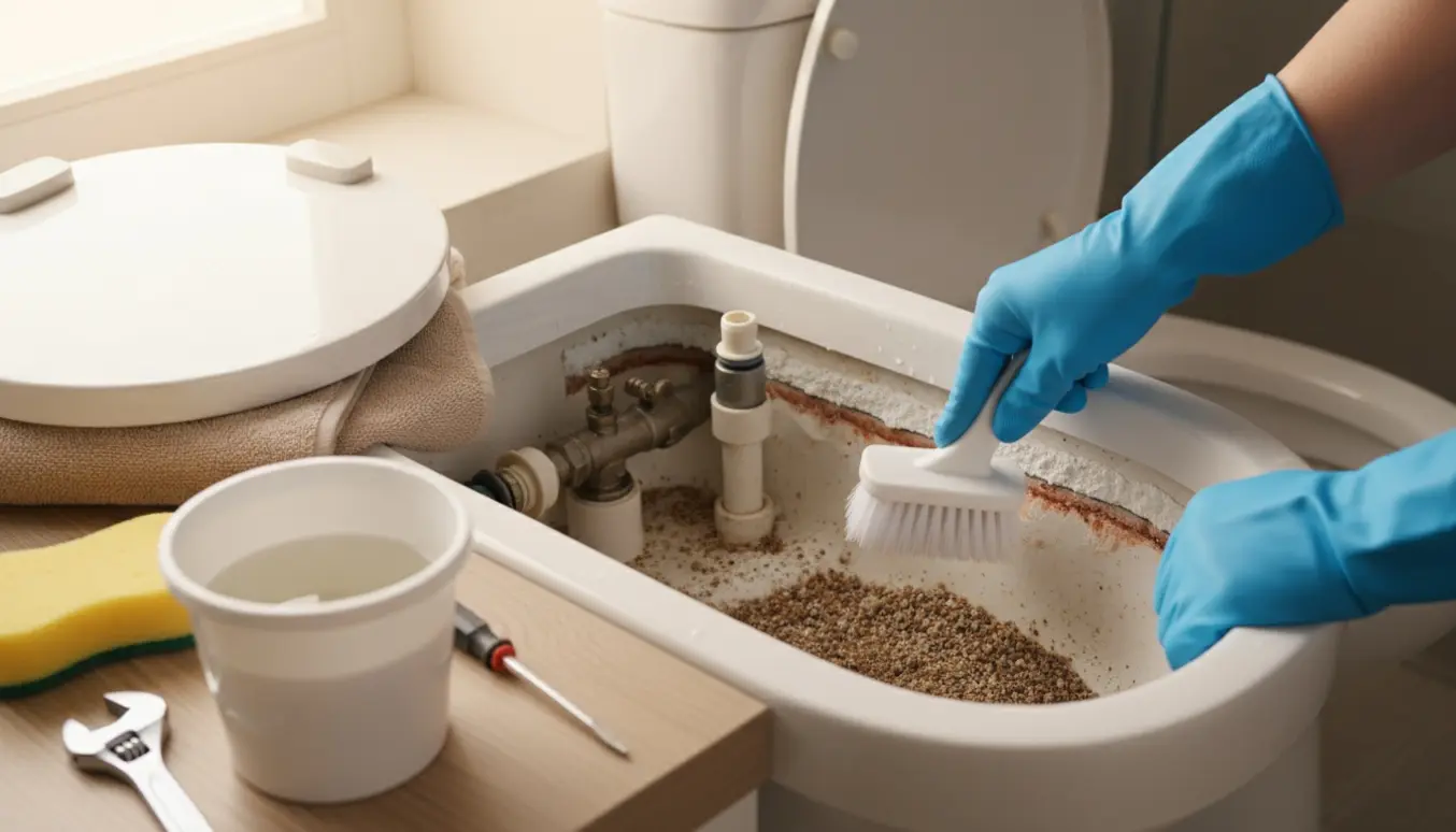 Hænder i blå gummihandsker rengør en åben toiletcisterne med børste og spand i et lyst badeværelse.