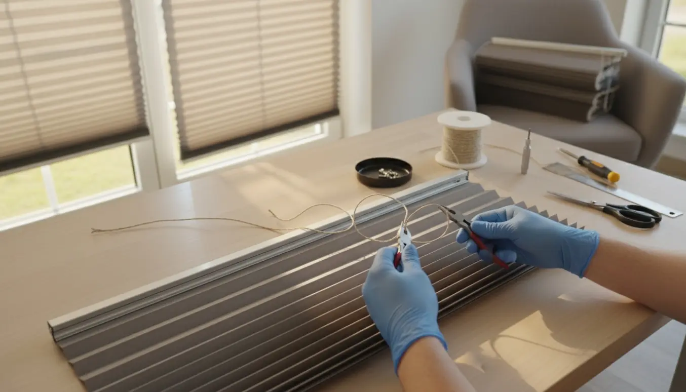 Nærbillede af plissegardin under reparation med sammenviklede snore, værktøj og små magneter på et arbejdsbord.