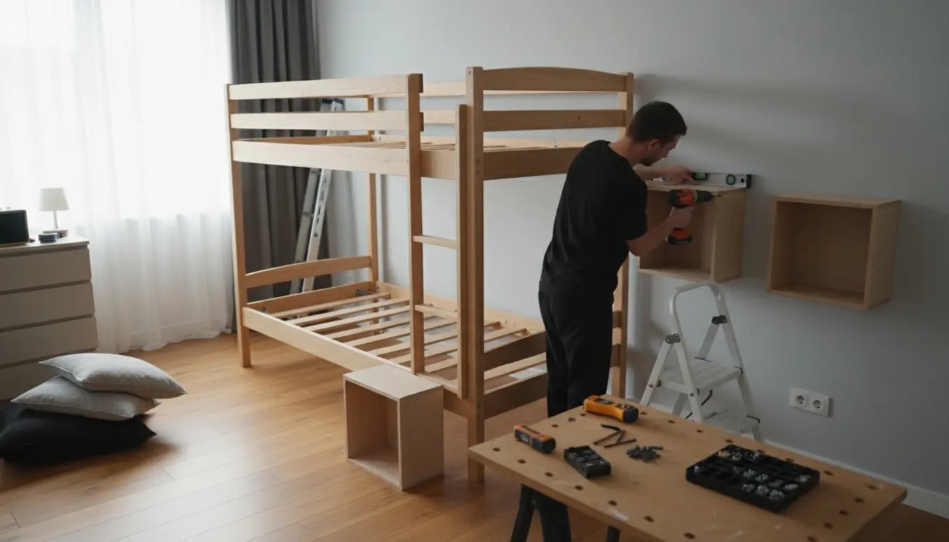 Delvist samlet køjeseng og to reoler klar til montering på væggen i et lyst soveværelse.