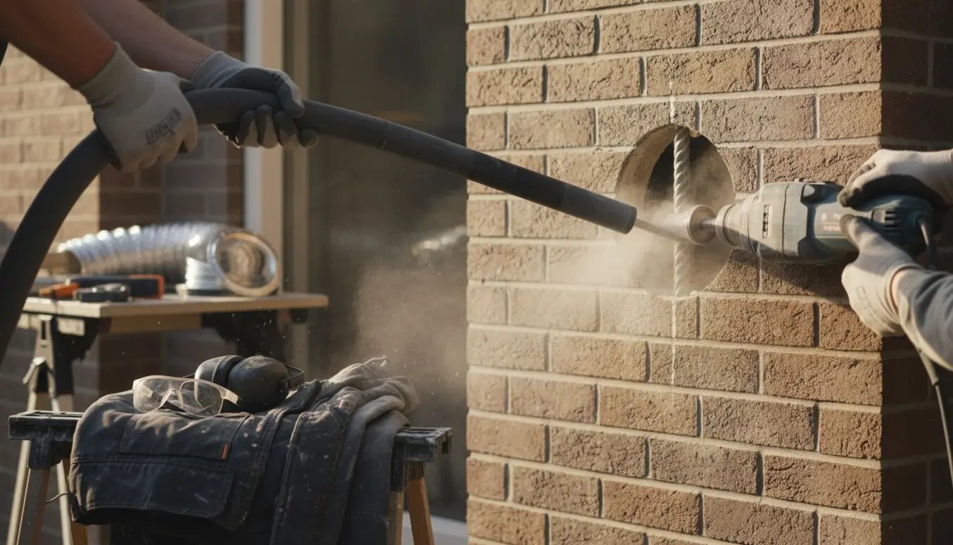 Hænder borer et rundt hul i en ydermur til emhættens udsugningskanal med værktøj og afsugningsslange ved siden af.