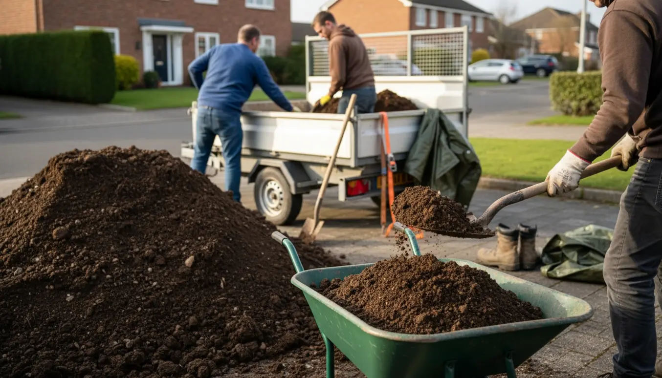 Stor bunke muldjord læsses i trailer ved indkørsel med skovle og trillebøre i brug.
