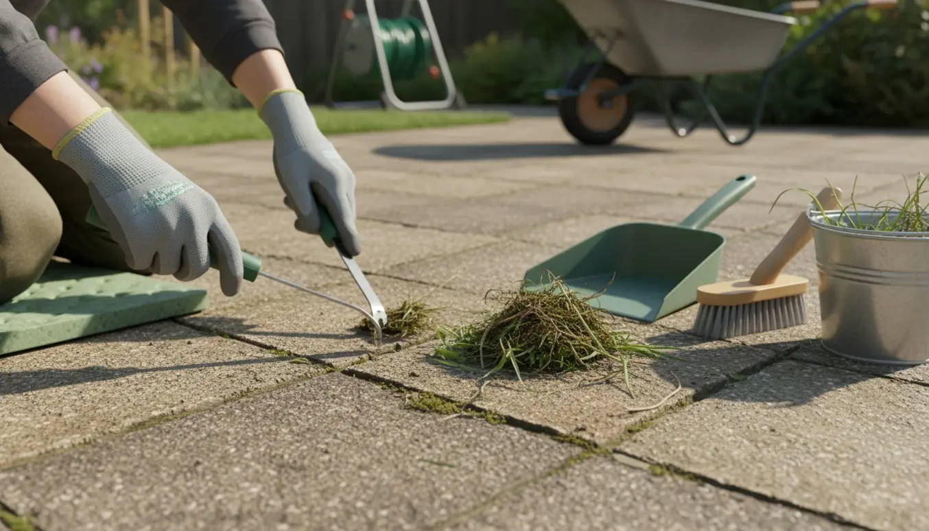 Nærbillede af hænder, der fjerner ukrudt mellem fliser på en solbelyst stenbelægning.
