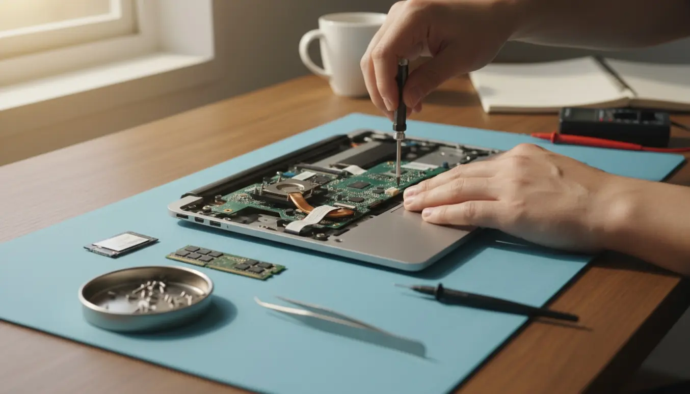 Hænder reparerer en bærbar computer på et ryddeligt arbejdsbord med værktøj og reservedele.