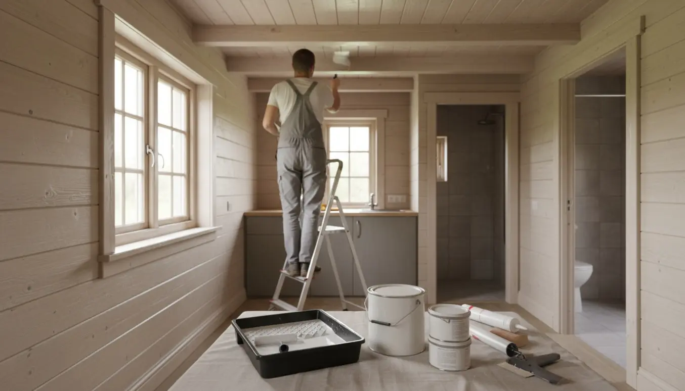 Indvendigt foto af malerarbejde i en lille hytte med stige, rulle, malerbøtter, kitpistol og vådrum i baggrunden.