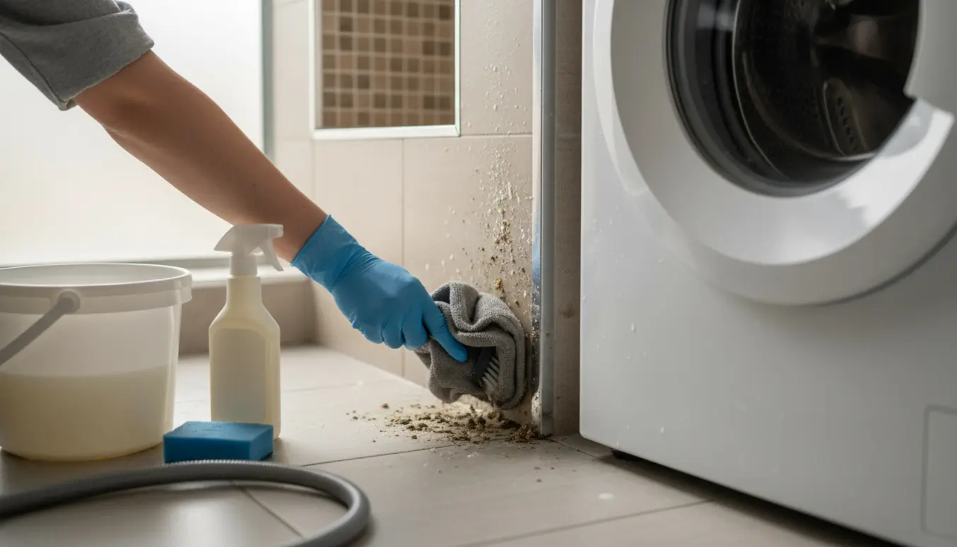 Hænder i gummihandsker skrubber kalk og snavs væk bag en vaskemaskine ved brusenichen.