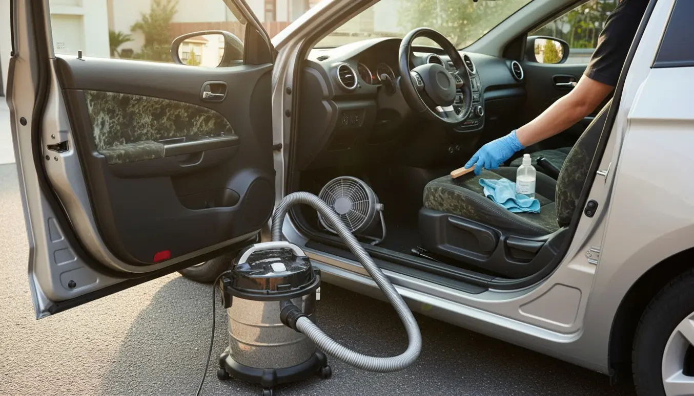 Åben bilkabine med synlige skimmelsvampepletter, mens hænder i handsker renser sædet med børste og støvsuger i baggrunden.