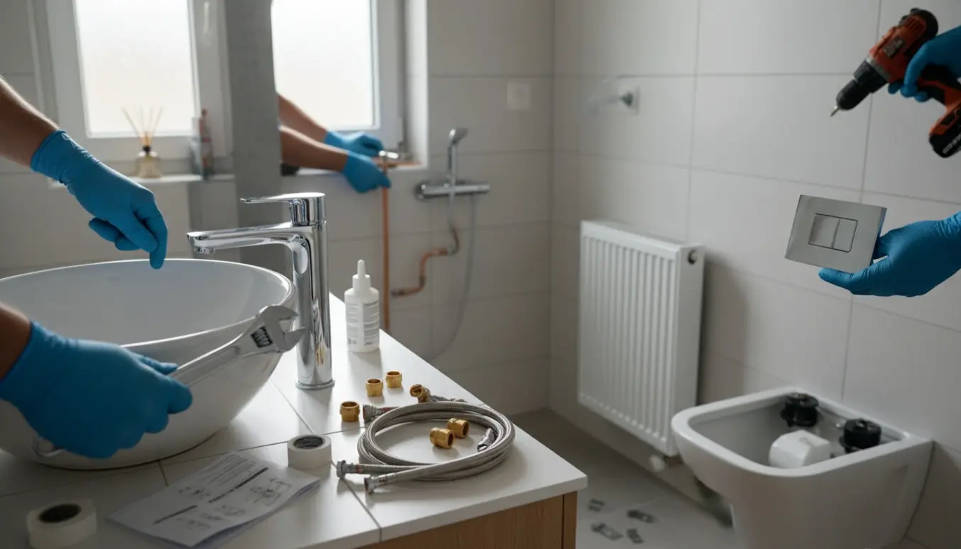 Hænder monterer armatur, indbygget toiletcistern og en lille radiator i et nyrenoveret badeværelse.