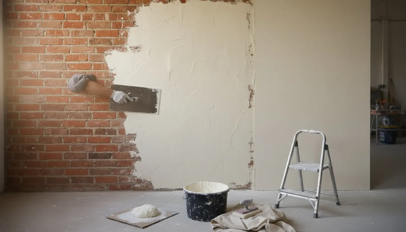 Hænder spartler en murstensvæg med spand, spartel og stige i et lyst rum, væg er delvist glat og klar til maling.
