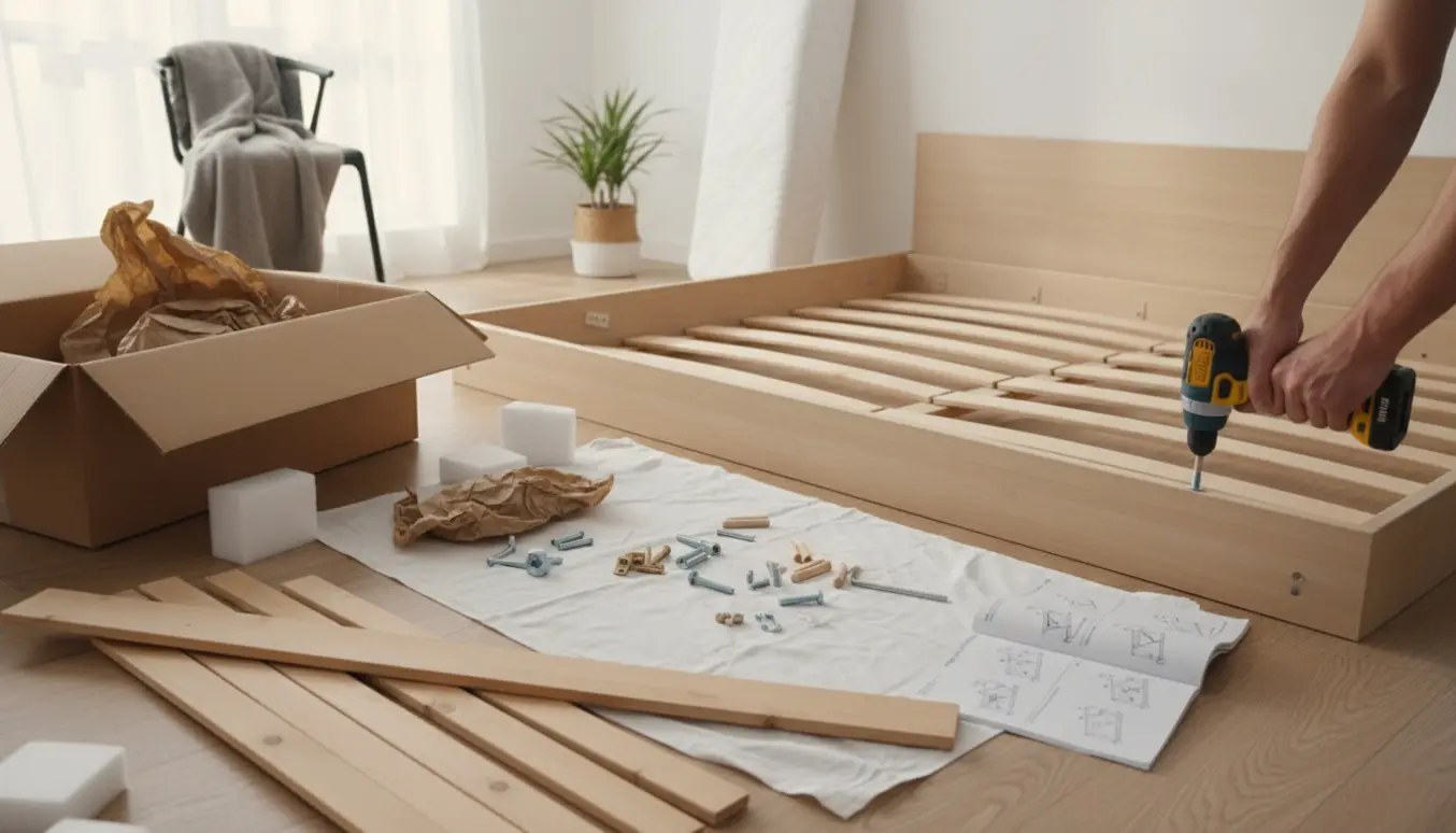 Delvist samlet dobbeltseng i lyst soveværelse med flade pakker, værktøj og madras.