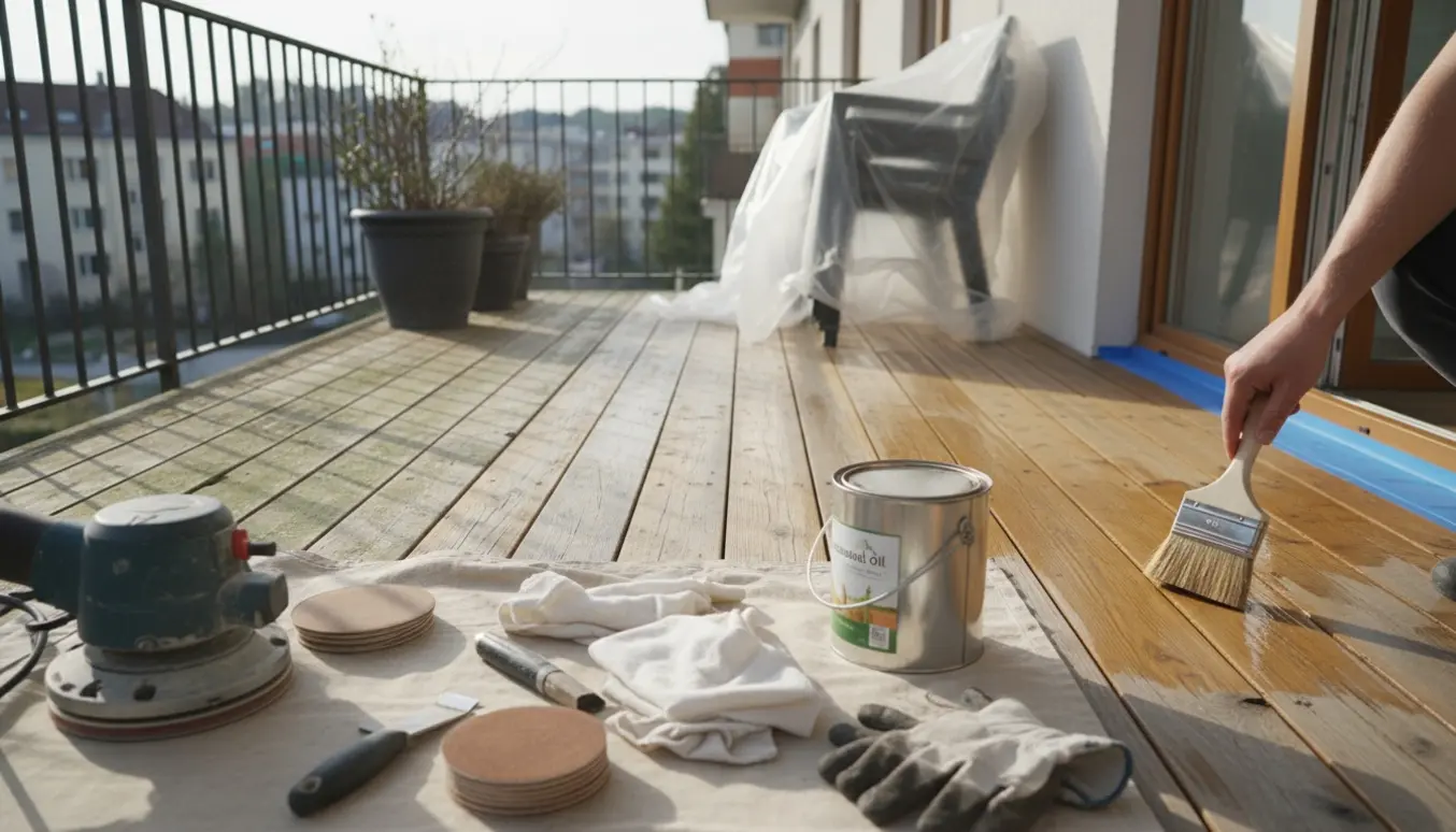 Mediumstor træaltan med en nyslebet og olieret sektion, mens andre dele er dækket af alger.