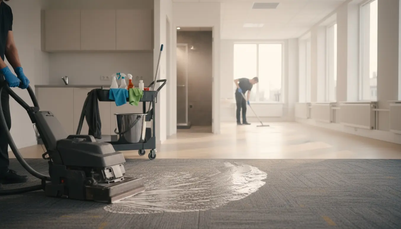 Rengøringsperson uden synligt ansigt renser kontorer med tæppe, vinylgulv, køkken og badeværelse med brusebad.