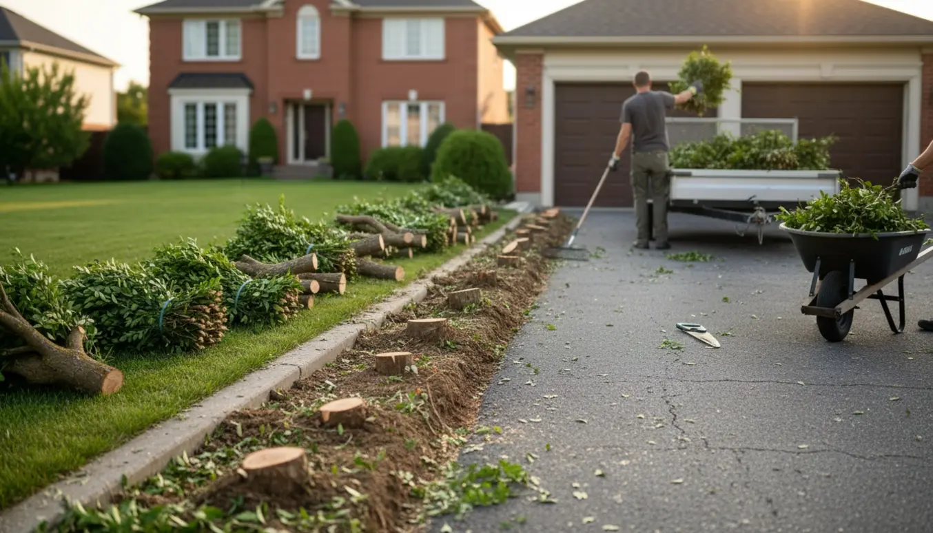 Afklippet ligusterhæk stablet langs en indkørsel klar til afhentning, mens værktøj og trailer står parat.