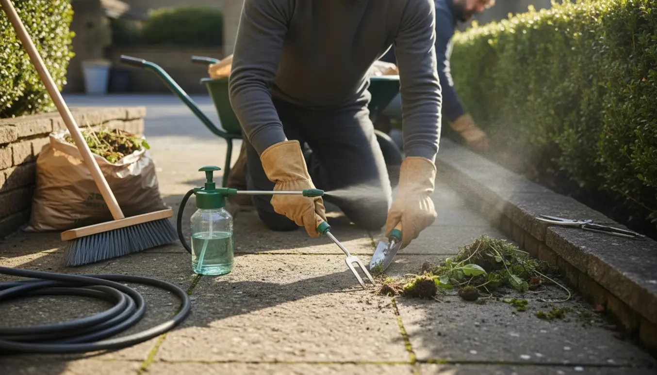 Hænder fjerner ukrudt mellem fliser på terrasse og indkørsel med redskaber og trillebør til haveaffald.