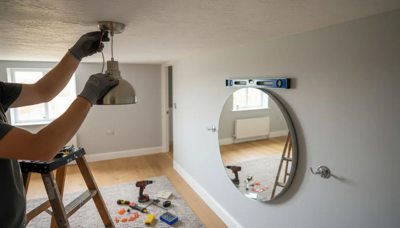 Hænder monterer en loftslampe over et rundt spejl i en lys entré.