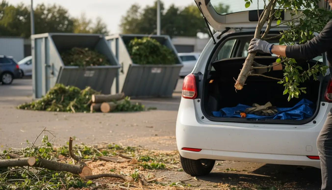 Et lille fældet træ lægges i bagagerummet på en bil ved genbrugspladsen.