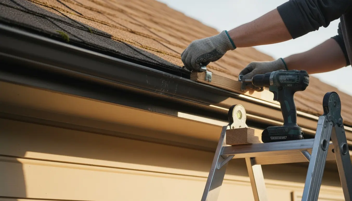 Nærbillede af håndværkeres hænder, der udskifter et tagrendespænde og fastgør en tagbræt på husets stern.
