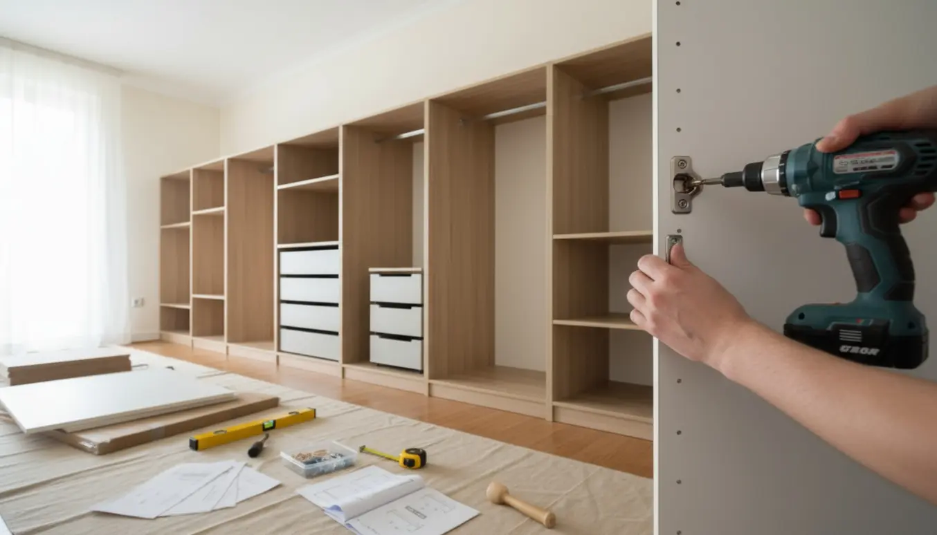 Modulære skabe på 4,5 m og et 125 cm skab under samling i et lyst rum.