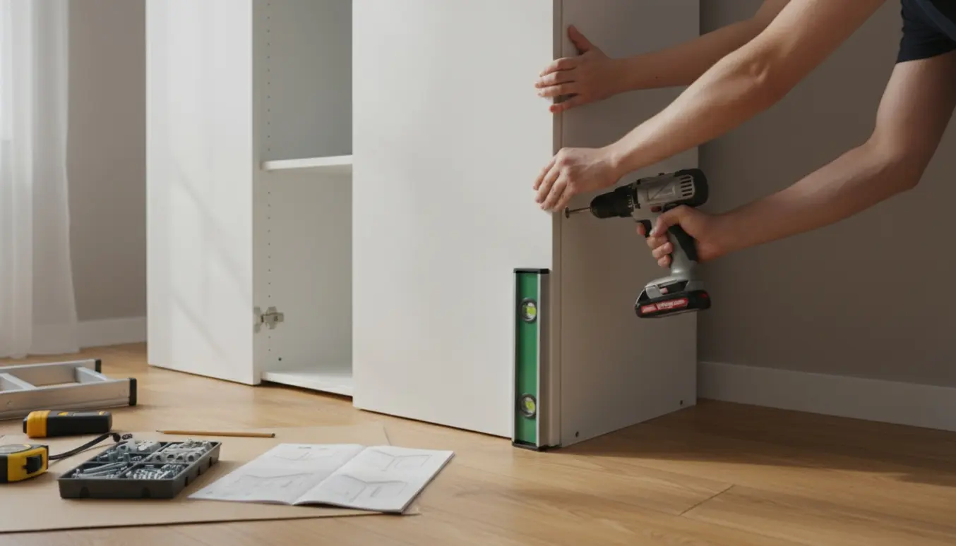 Stort hvidt garderobeskab samles mod en væg med bor og værktøj klar ved siden af.