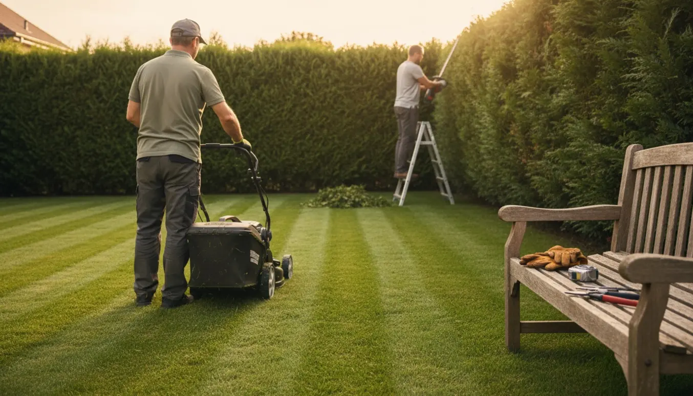 Lille have med plæneklipper der laver striber på græsset og en hækkeklipper, uden tydelige ansigter.