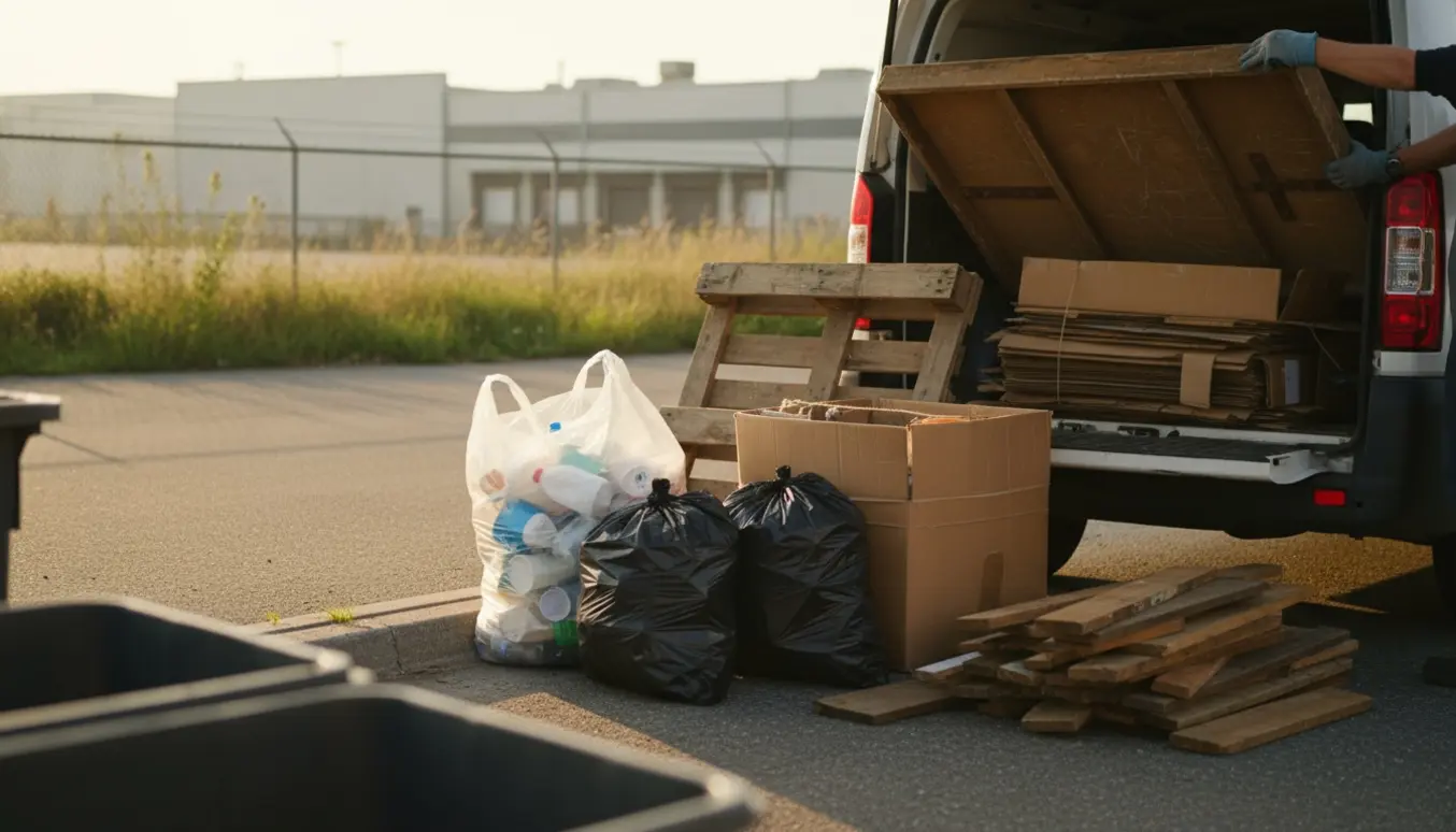 Poser med plast og restaffald, en papkasse, en palle, løse brædder og en tung gammel bordplade ved en genbrugsstation.