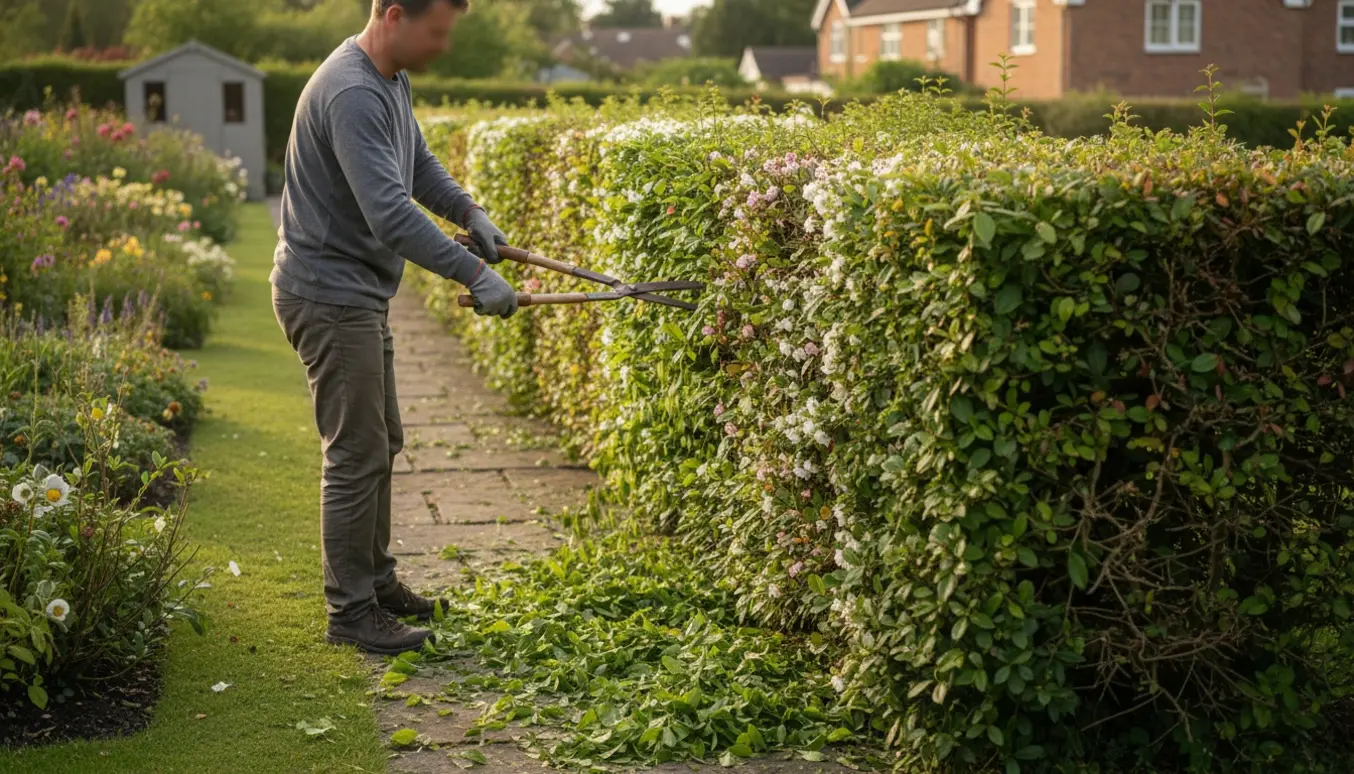 En person klipper en varieret hæk med almindelige hækkesakse, og friske afklip ligger på stien.