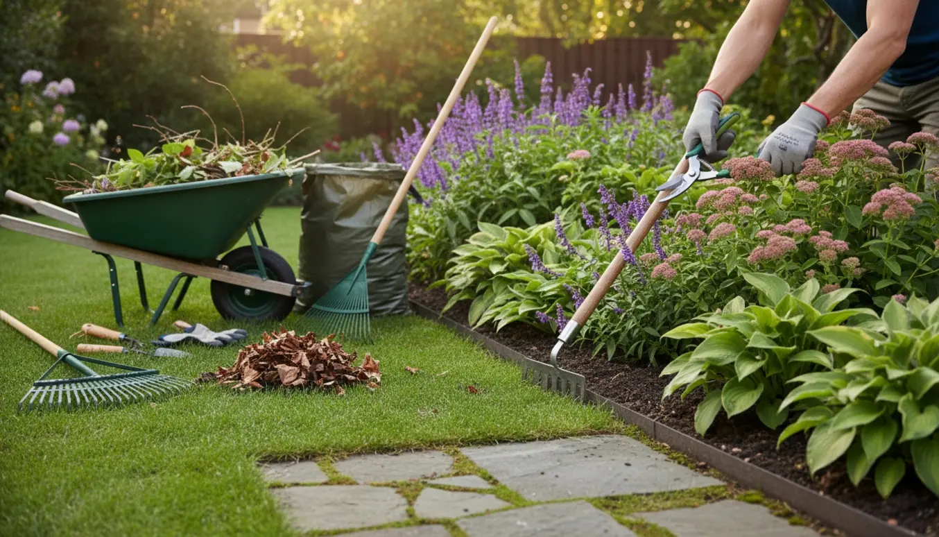 Hænder i handsker beskærer stauder og river blade ved en nyklippet græskant.