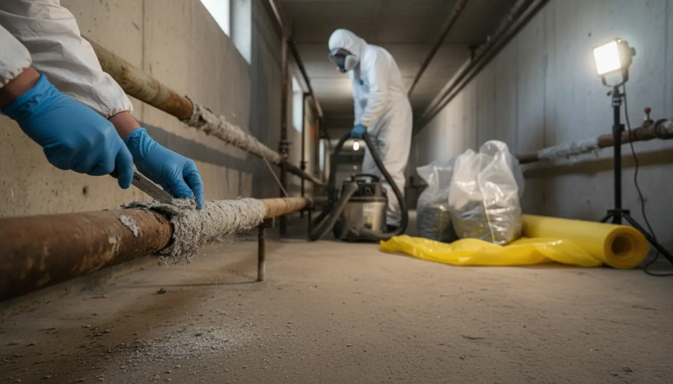 Handskede hænder fjerner asbestisolering fra varmerør i en kælder med beskyttelsesudstyr i baggrunden.