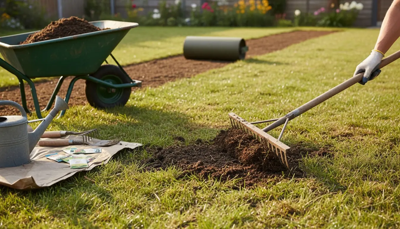 Topdressing og afretning af en ujævn baghaveplæne med spade, rive, trillebør og tromle.