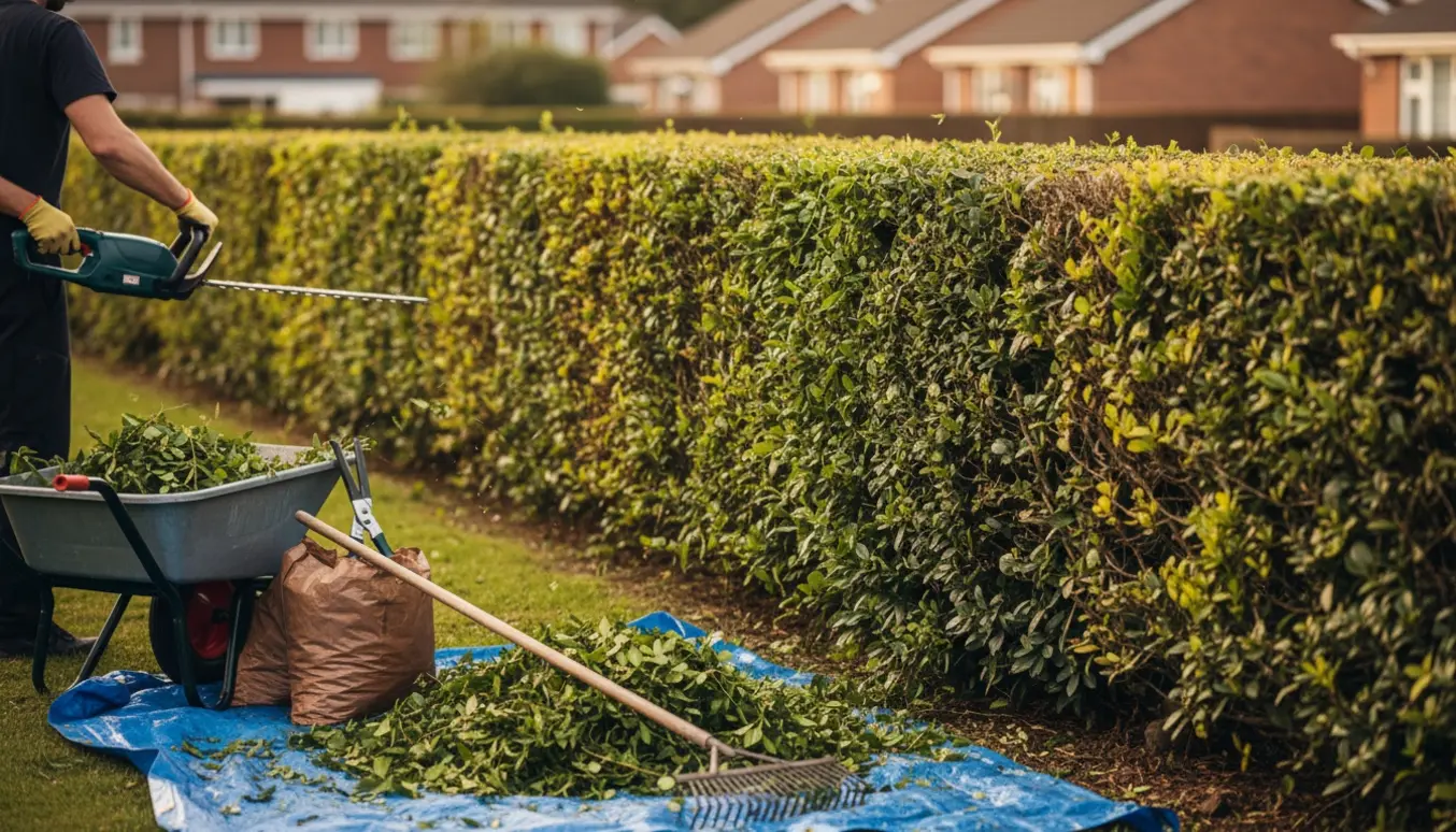 En person trimmer en ca. 1,8 m høj ligusterhæk, mens afklip samles på en presenning og i en trillebør.