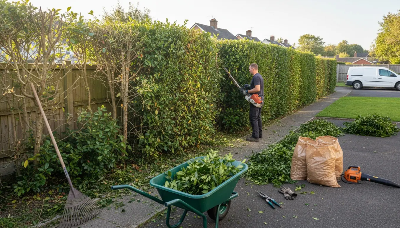Lang blandet hæk trimmes, afklip samles i trillebør og grønne affaldssække.