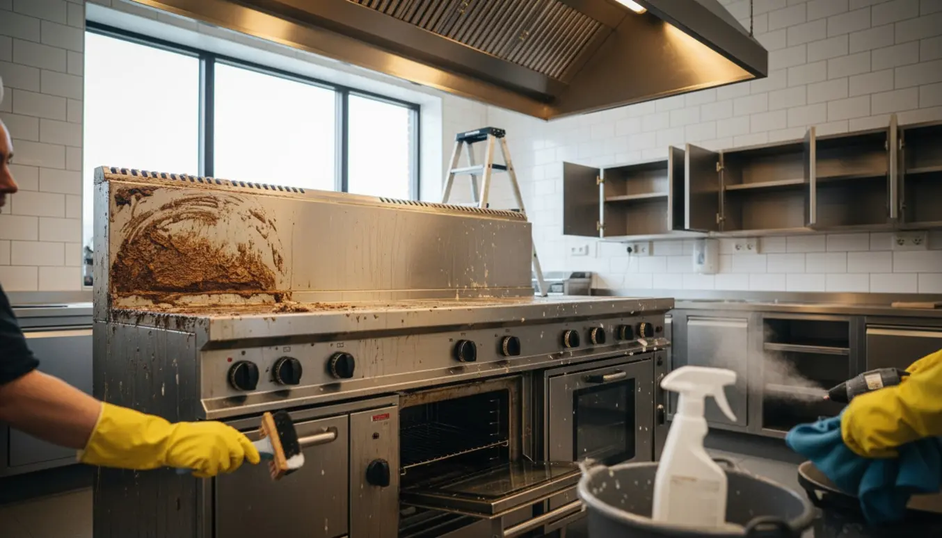 Handskerede hænder skrubber fedtet komfur og emhætte i et professionelt køkken under en grundig rengøring.