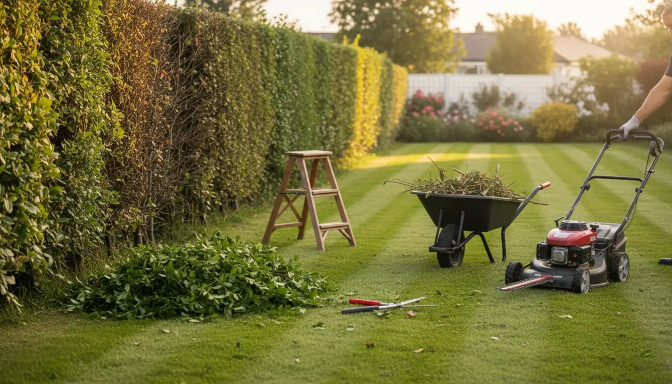 Nærbillede af en beskåret vild hæk og et nyslået græs med haveredskaber i en solrig have.