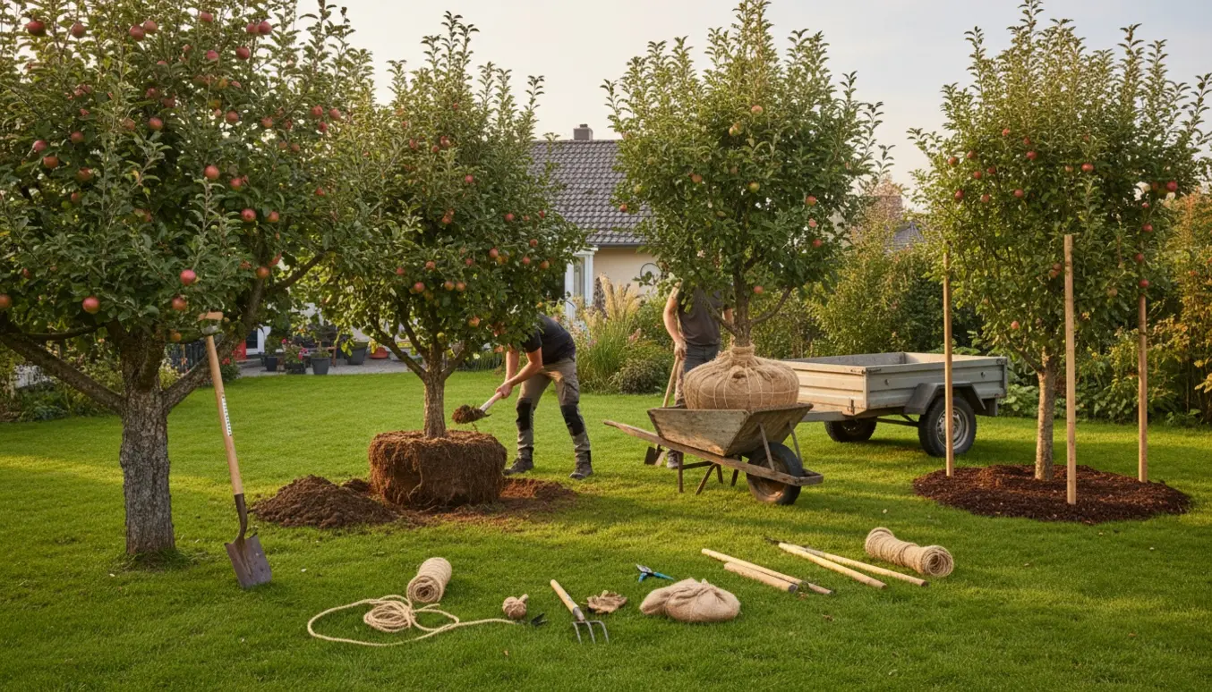 Fire æbletræer i forskellige stadier af omlokalisering i en solrig baghave med værktøj og rodklumper pakket i jutestof.