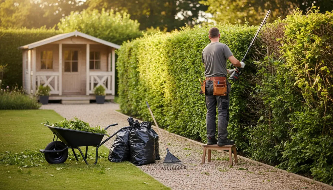 Person trimmer hæk og buske ved et sommerhus, med nyklippede sider, trillebør og opsamlede afklip klar til fjernelse.