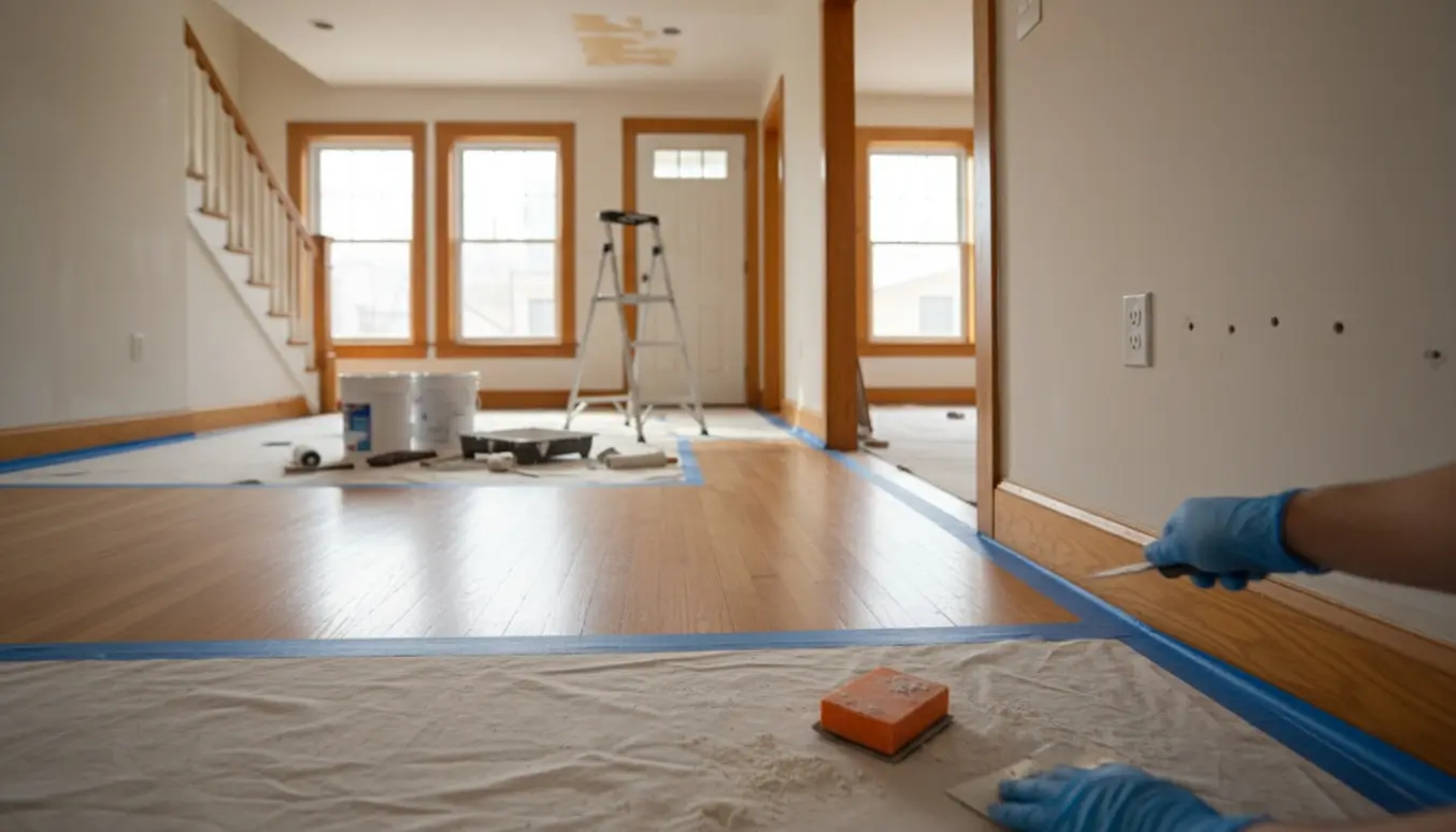 Hænder spartler og sliber en væg i en lejlighed under fraflytning med malerudstyr og afdækning.