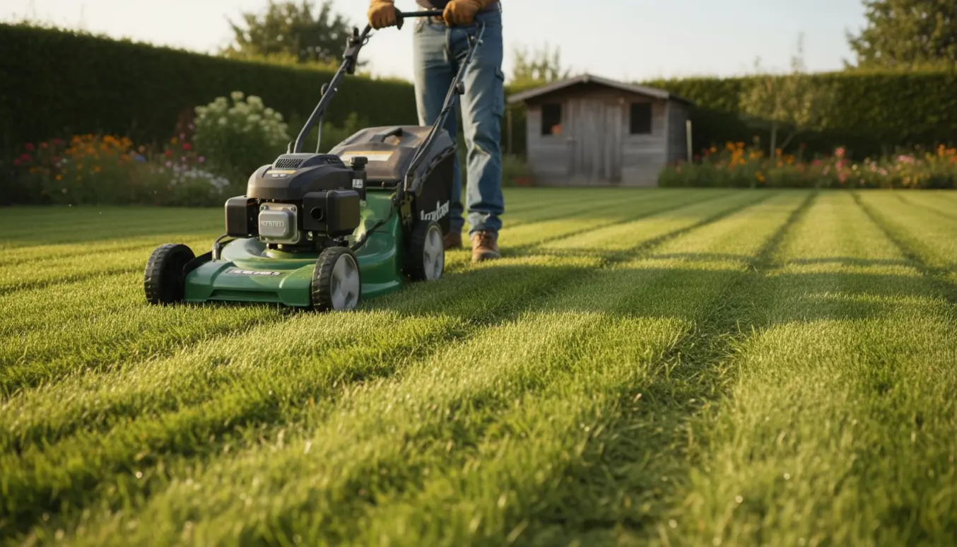 Plæneklipper skaber striber på en solbeskinnet have, person set bagfra uden synligt ansigt.