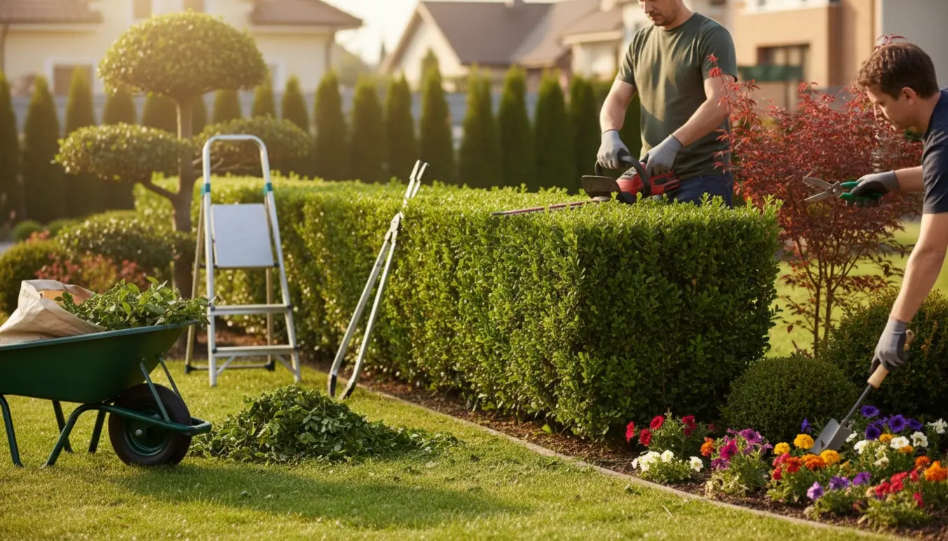 Hænder trimmer en ligusterhæk, beskærer buske og fjerner ukrudt i en solbelyst have.