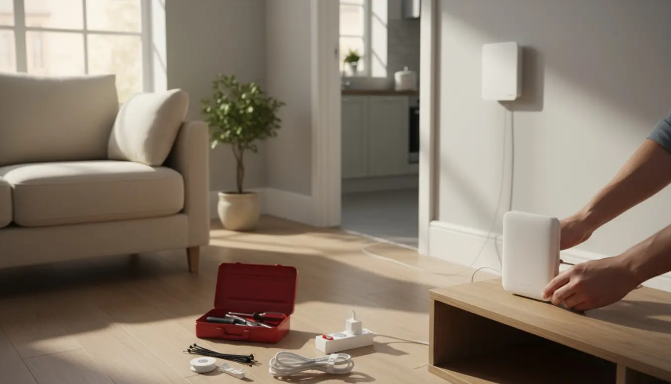 Hænder installerer en router i stuen med fiberboxen synlig i køkkenet gennem døren.