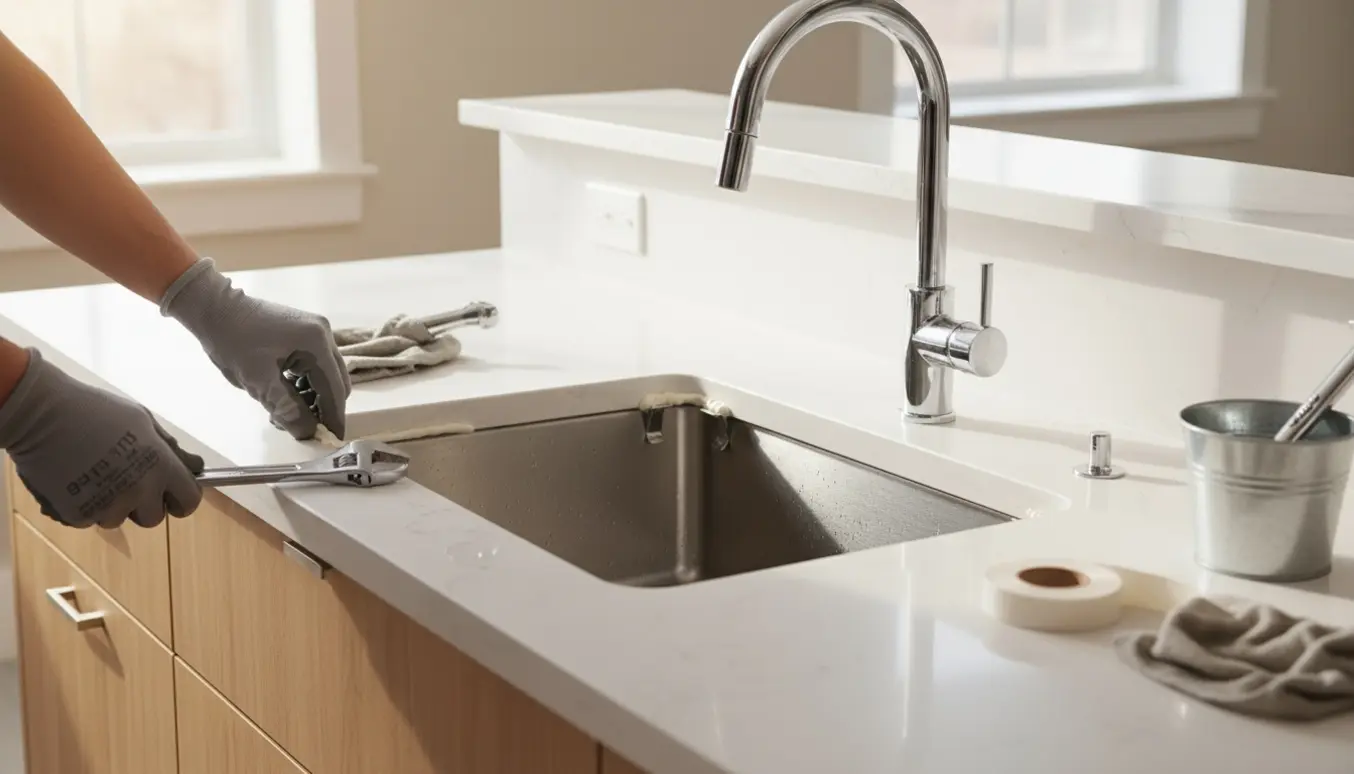 Nærbillede af hænder der monterer en ny rustfri stålvask i et lyst køkken med værktøj og tætning.
