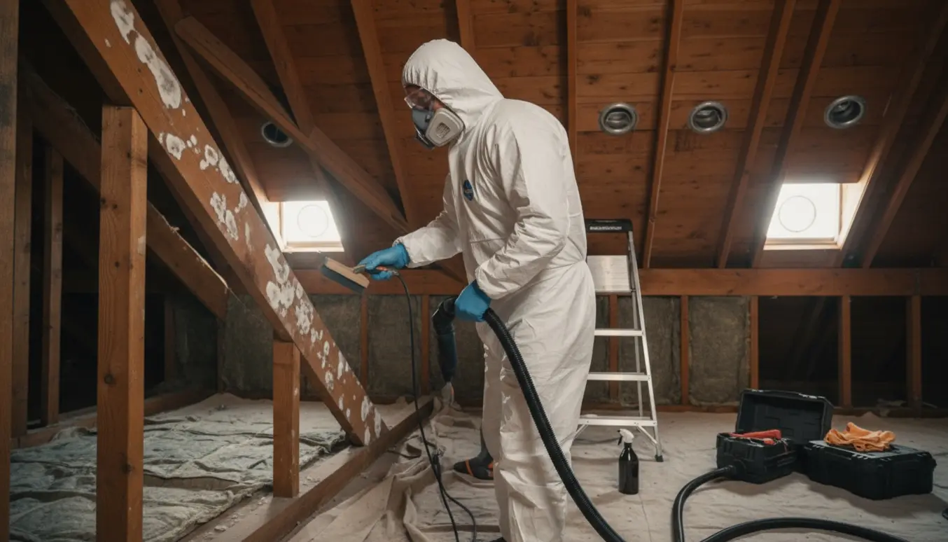 Person i beskyttelsesudstyr renser hvid skimmesvamp fra træbjælker på loftet.