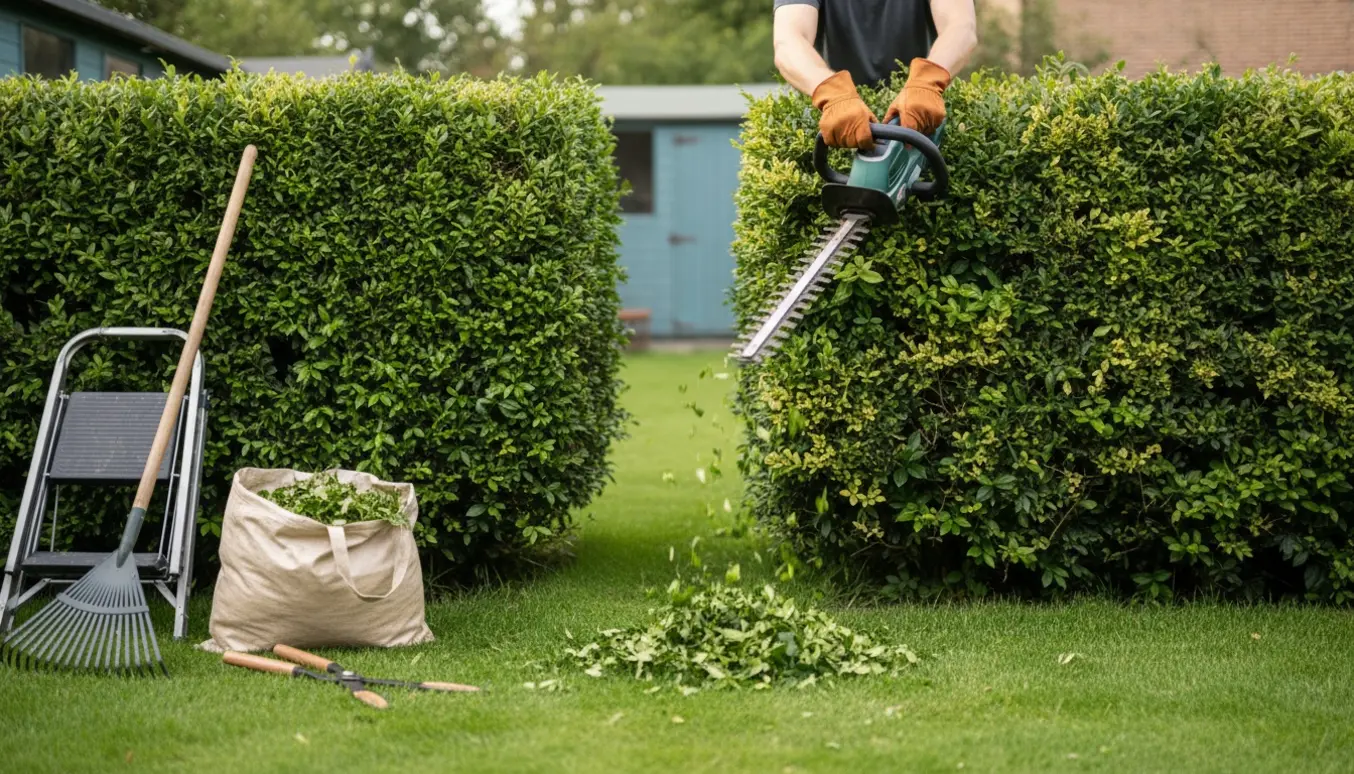 To ligusterhække klippes i en solrig have med hækkeklipper og en bunke hækkeaffald på græsset.