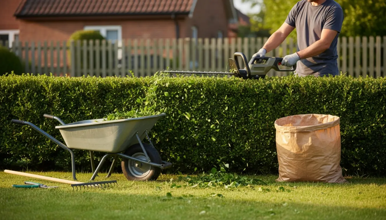 En person klipper en tæt, grøn hæk med en hækklipper, mens afklip samles i en trillebør i en soloplyst have.