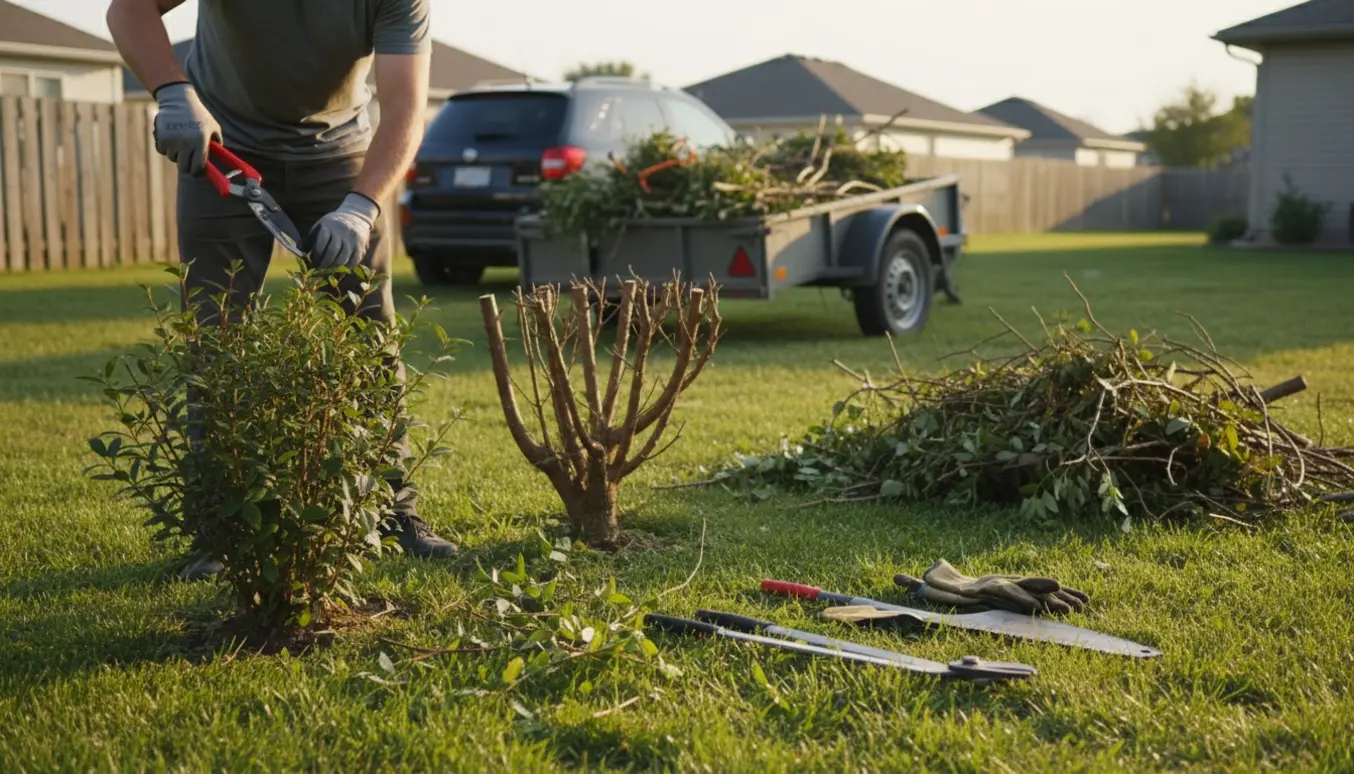 En person beskjærer buske i en lille baghave med afklip samlet i en trailer i baggrunden.