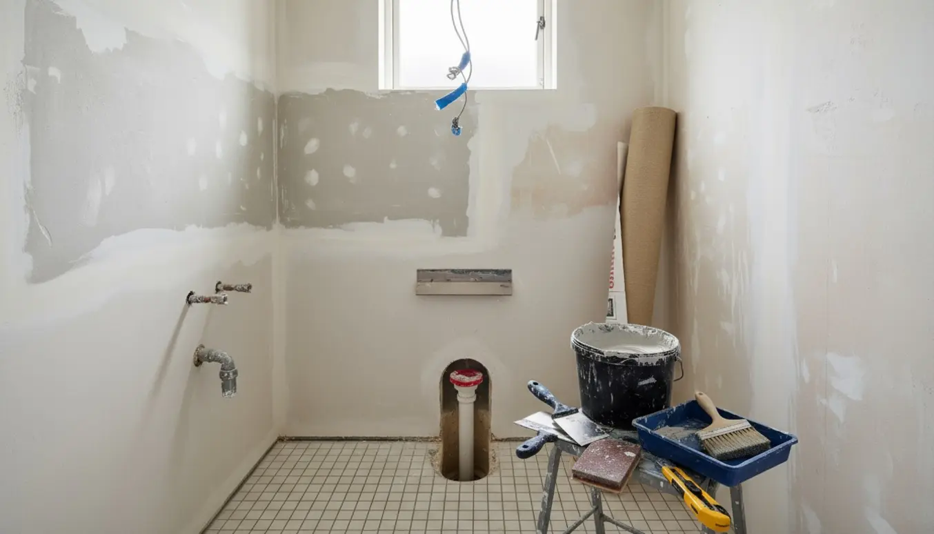 Lille gæstetoilet under renovering med fjernet toilet og vask, to vægge med påbegyndt spartling og materialer til opsætning af filt.